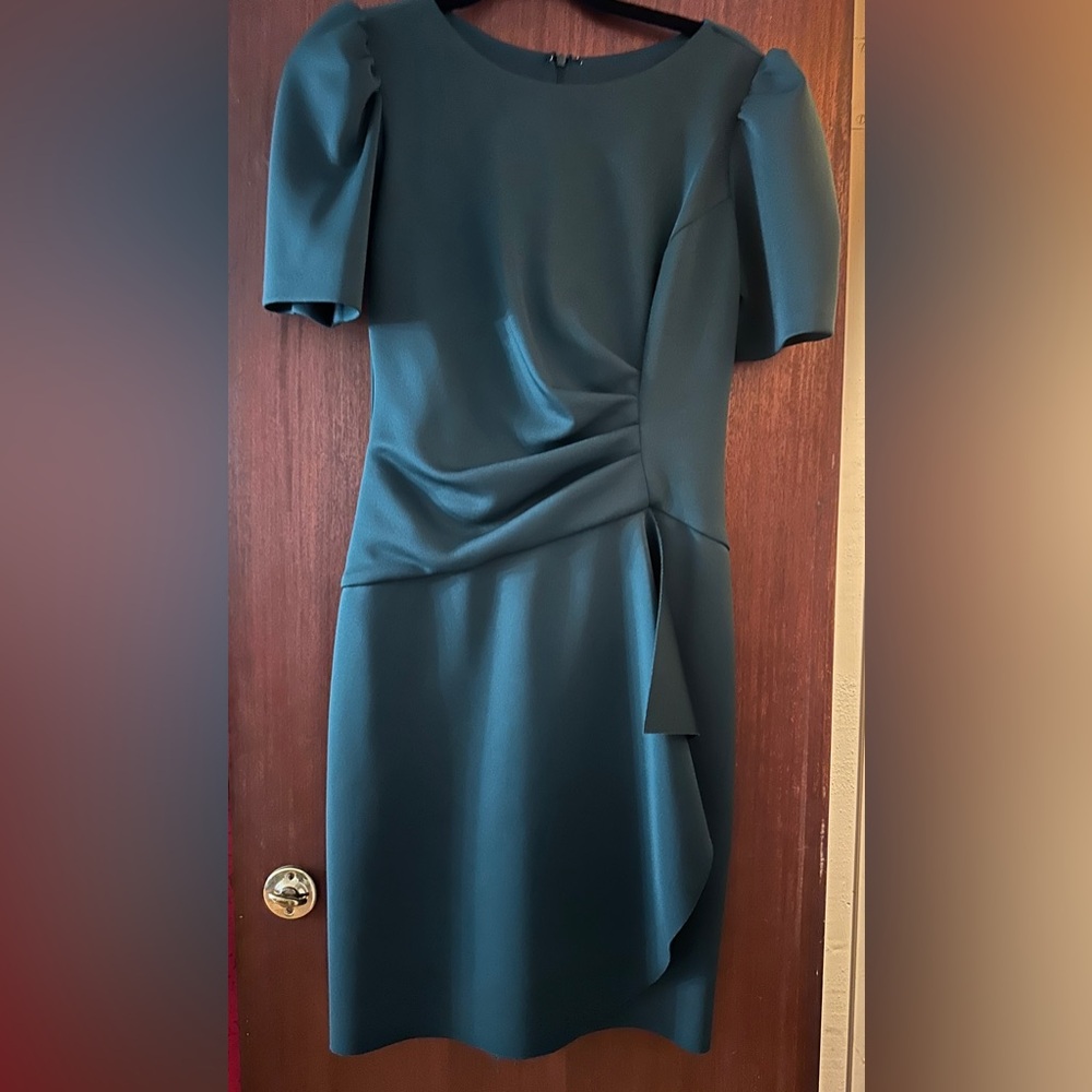 Xscape Blue Asymmetrical Ruched Sheath Dress
